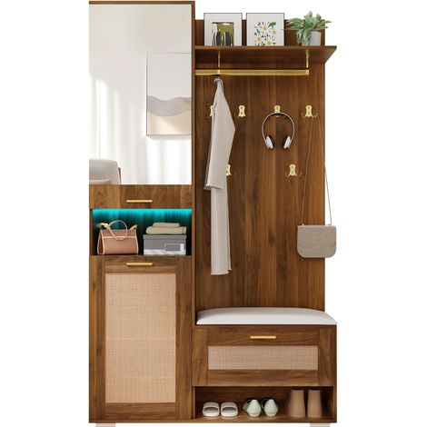 Ensemble armoire, dressing avec miroir, 6 patères dorées, meuble à chaussures, porte-manteau mural, compartiment de rangement supérieur, banc et éclairage LED 16 couleurs