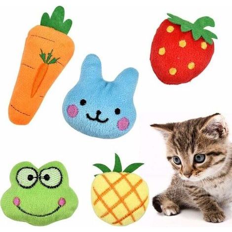 Cataire Jouets, 5 Pièces Jouets à l'herbe à Chat, Cataire Interactive Jouets à Mâcher Jouet en Peluche pour Chaton Kitty Fraise/Grenouille/Lapin/Ananas/Carotte (1/5)