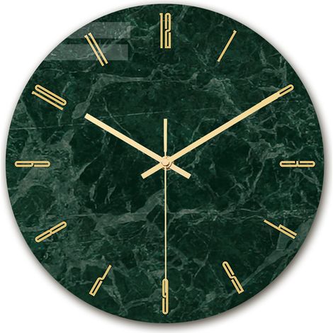 Horloge Murale - Verre Trempé - Cadran Rond avec Motif Marbre Vert - Aiguilles Dorées et Chiffres Romains - Fonctionnement Silencieux - 1 Unité (1/5)