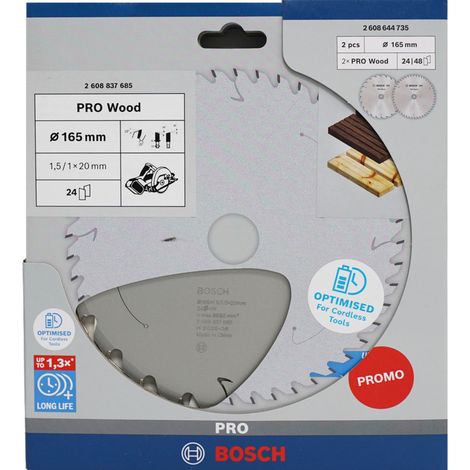 BOSCH POWERTOOLS PRO WOOD CORDLESS CIRCULAR SAW BLADE 165 MM (2 PIECES, PROMO PACK) (1/2)