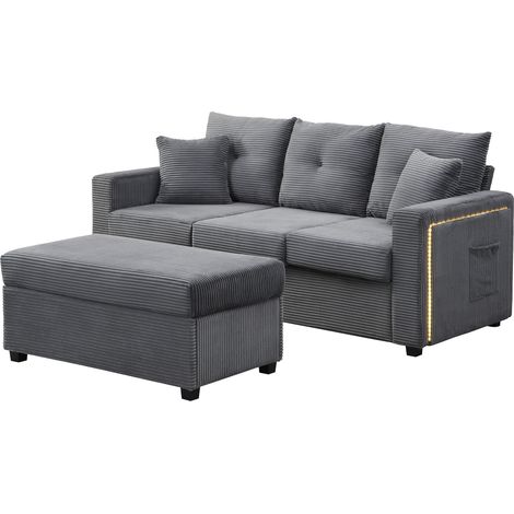 Divano angolare a L 3 posti con pouf extra grande e cuscini, tessuto a cordoncino grigio (1/5)