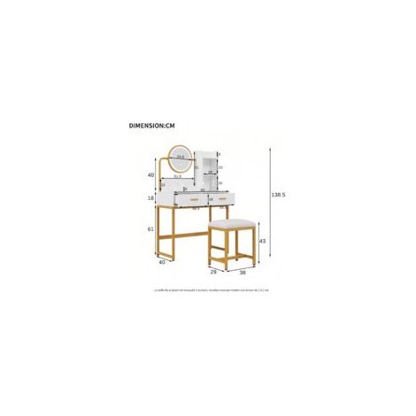 Coiffeuse moderne avec miroir LED pivotant et prises intégrées – Ensemble 2 tiroirs, 2 étagères, blanc et or, dimensions 80 x 40 x 138,5 cm – Station beauté chic et connectée (1/5)