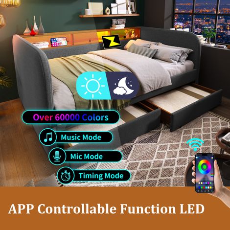 Día de cama 140x190 cm, sofá cama con LED y USB-C, 2 cajones, gris, sin colchón (1/5)