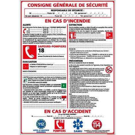 Panneau CONSIGNE GÉNÉRALE DE SÉCURITÉ à compléter – PVC 1,5 mm – 300 x 420 mm
