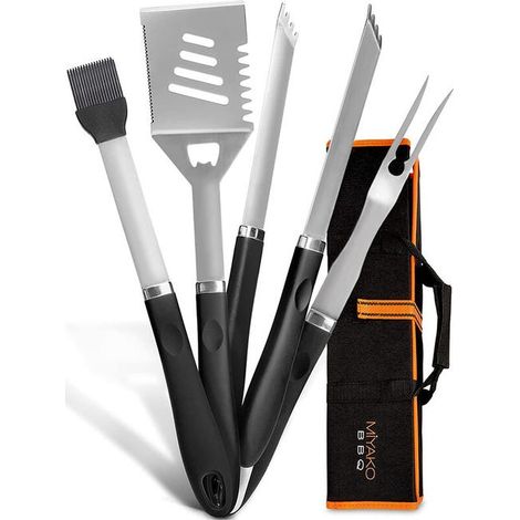 Set barbecue 5 pièces inox : pince, fourchette, spatule, pinceau, sac de rangement pour grillades (1/5)