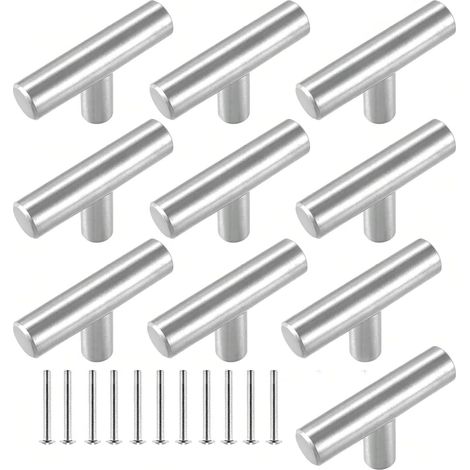 Lot de 10 Poignees Argent - Bouton en T Meubles Porte Poignées Placard Tiroirs en Acier Inoxydable avec Vis (1/5)
