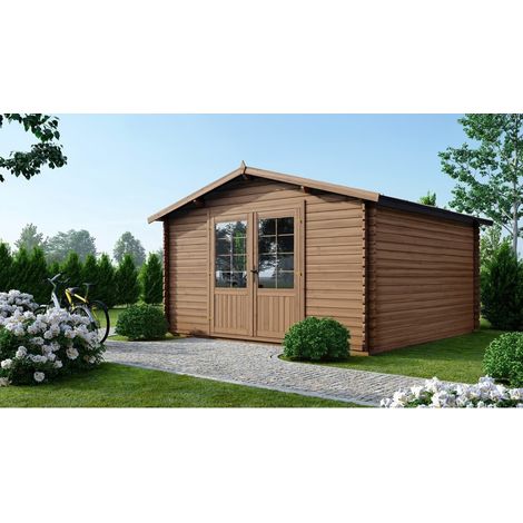 Altanka – Abri de jardin bois traité 15,20m² – Dimensions 3,90x3,90m – Épaisseur 34mm – Couleur marron – Toit à deux pentes (1/5)
