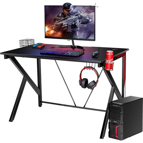 GOPLUS Bureau Gaming, 115 x 73 x 76,5CM, Table en Bois pour Gaming avec Crochet pour Casque, Porte-Gobelet, Support pour CD, Bureau de Jeu en Forme de K, pour Bureau, Salon, Chambre (1/5)