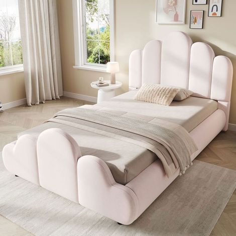 Lit Rembourré 90x200cm Velours Rose Tête de lit Nuage - Lit simple - Bords arrondis Design Enfant Sommier Inclus Montage ultra aisé (1/5)