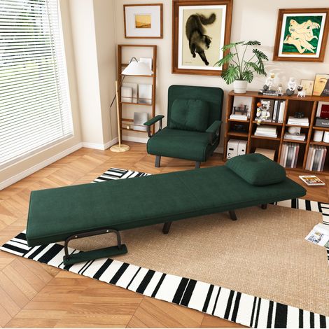 Fauteuil relax convertible vert foncé, dossier 5 positions, couchage 185 x 60 cm, métal (1/5)