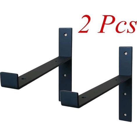 Supports d'étagère, 2 pièces, support de 200 mm avec crochet, supports muraux en métal noir avec vis (1/5)