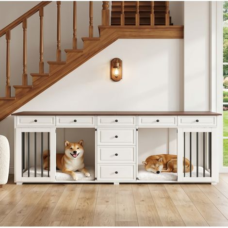 Meuble TV noyer et blanc avec cage pour 2 chiens et 8 tiroirs, 200x60x85 cm (1/5)