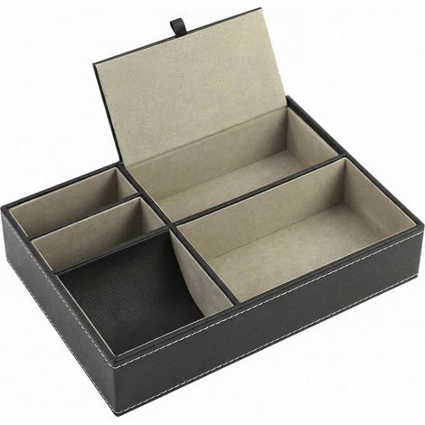 Plateau Vide Poche en Similicuir Noir, 5 Compartiments, Organisateur de Bureau et Chevet - 25,5 18,5 5 cm (1/5)
