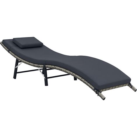Rattan Folding Sun Lounger Outdoor Chair with Cushion and Pillow Grey
