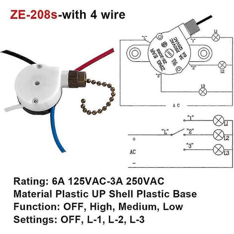 Interrupteur de ventilateur de plafond Zing Ear Ze-208s E89885 à 3 vitesses et chaînette à 4 fils C