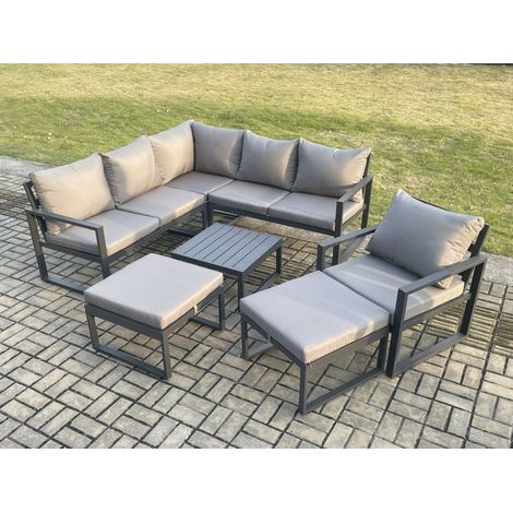 Fimous Outdoor Garden Furniture Set Aluminium Lounge Sofa Square Coffee Table Sets with Chair 2 Big Footstools Indoor Conservatory Set Dark Grey (1/5)