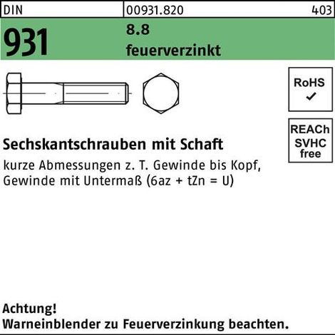 Sechskantschraube DIN 931 Schaft M16x 260 8.8 feuerverz. 1 Stück