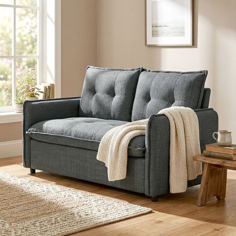 Zweisitzer-Sofa, modernes Wohnzimmersofa 131 cm mit gepolsterter Sitzfläche, Federkernkissen, Leinenstoff, dunkelgrau