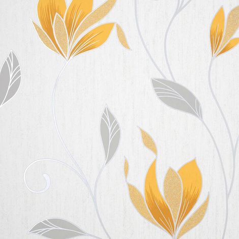 Fine Decor Synergy Floral Mustard Yellow Silver White Paste The Paper Wallpaper (1/4)