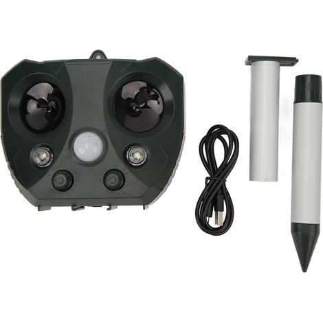 Épouvantail solaire extérieur avec détection de mouvement et flash LED, répulsif animalier pour jardin, protection nocturne.