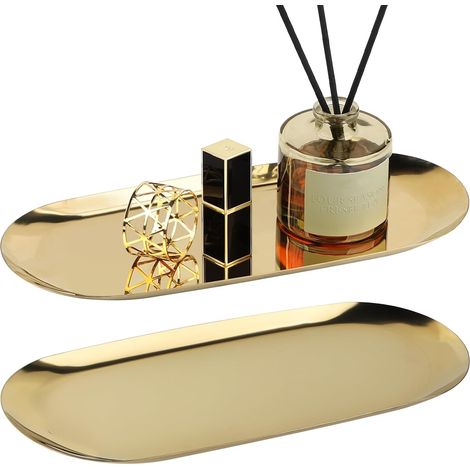 2 Plateaux Décoratifs en Acier INOX Or - Service Ovales et Rangement pour Salle de Bain - Métal Plat pour Bijoux, Cosmétiques, Café, Dessert, Bougie - Assiette 30cm (1/5)
