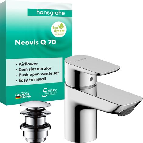 Mitigeur de lavabo avec bonde push-open en métal, robinet de salle de bain avec bec hauteur 63 mm, mitigeur lavabo économe en eau, chrome, 71354000 (1/5)