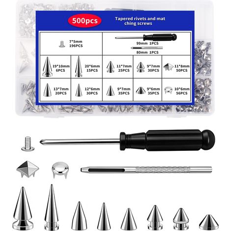 500 Pcs Rivets à Vis, Rivets Pyramidaux Pointus, Punk Spikes Studs, Rivet pour Cuir, Clous pour Vetement, loisirs créatifs en cuir, ceintures, vestes, jeans (argent) (1/5)