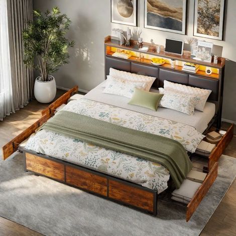 Bett 140x200 cm mit 4 Schubladen und LED, Bettgestell für Erwachsene 140x200 cm aus Metall, Doppelbett 140x200 cm, Lattenrost, PU, Braun und Schwarz