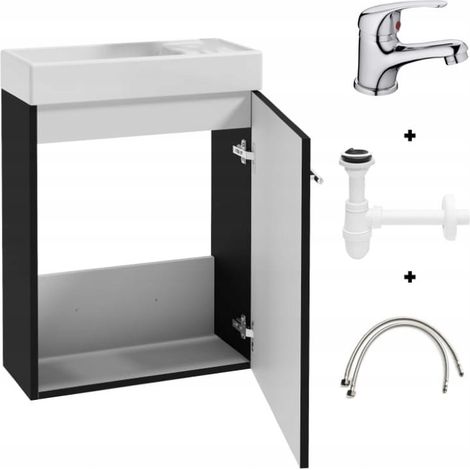 Mueble de baño con lavabo de 50x70 cm con grifo y sifón, negro, pequeño.
