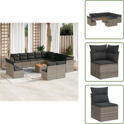 The Living Store 14-tlg. Garten-Sofagarnitur mit Kissen Grau Poly Rattan - Gartenmöbel Set - Outdoor Möbel - Rattan Sofa - Lounge Set - Esstisch (1/5)