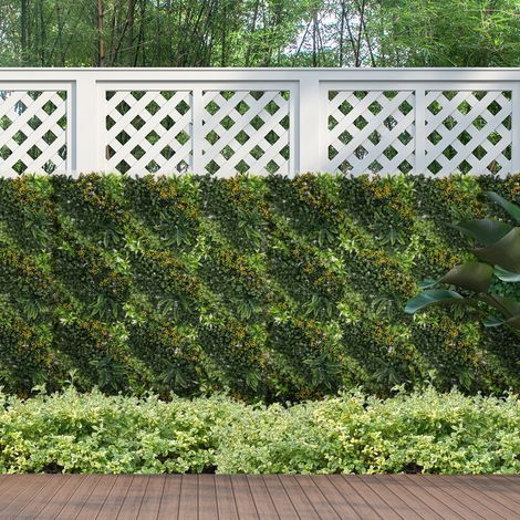 Lot de 12 haies artificielles murales, 50 x 50 cm, protection UV, brise-vue, feuillage varié, idéales pour la décoration de jardin et d'extérieur.