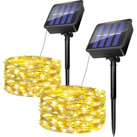 Lot de 2 Guirlande Lumineuse Exterieure Solaire, 5M 50 LED Guirlande Exterieur Fil de Cuivre, 8 Modes IP65 Etanches Lumière Solaire Décoration pour Jardin Terrasse Noël Fête (Blanc Chaud)
