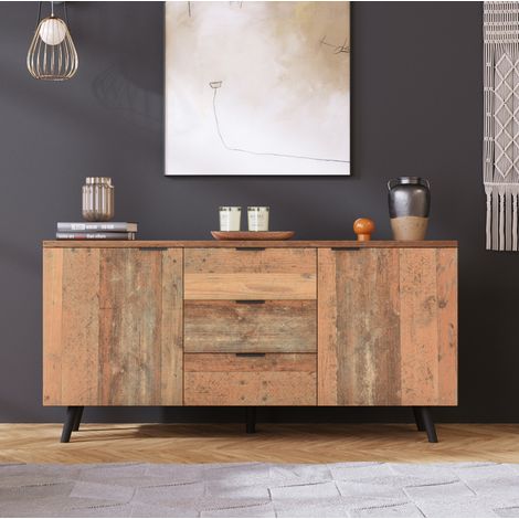 Meuble TV vintage 140 cm, buffet bas en bois foncé, avec 3 tiroirs, rangements ouverts et placards, pour salon, salle a manger ou chambre-FLORAGRACE (1/5)