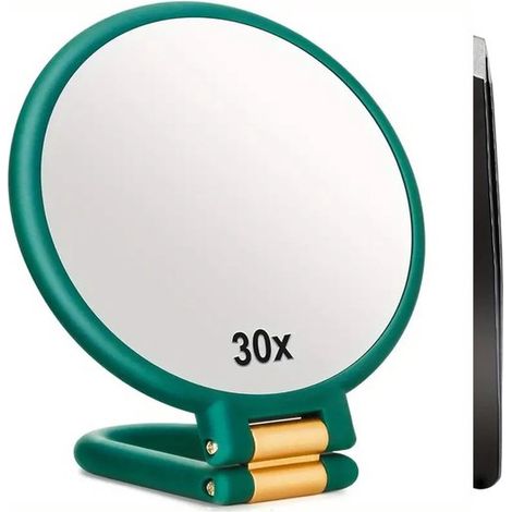 Miroir grossissant x30 - Miroir de poche avec poignée - Miroir double face grossissant x30/x1 - Miroir cosmétique pliable et portable, idéal pour les voyages - Indispensable pour un maquillage précis (1/5)