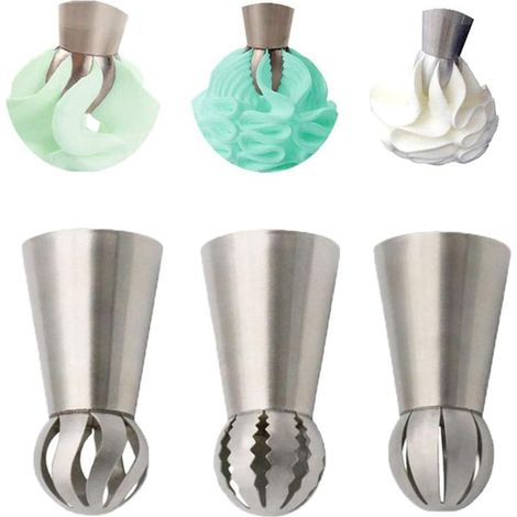 Kit de 3 douilles à pâtisserie en acier inoxydable pour décoration de gâteaux : douilles russes à bille, douilles à pâtisserie de grande taille et douilles russes pour glaçage. (1/5)