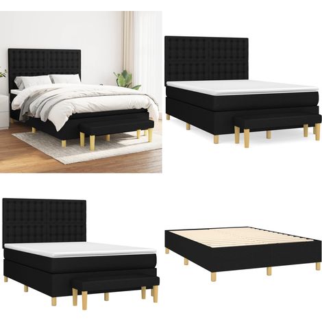 Sommier à lattes de lit avec matelas Noir 140x200 cm Tissu - Lit Double - Lit Plateforme - Matelas À Ressorts Ensachés - Têtière Ajustable - Banc Rangement - Home & Living