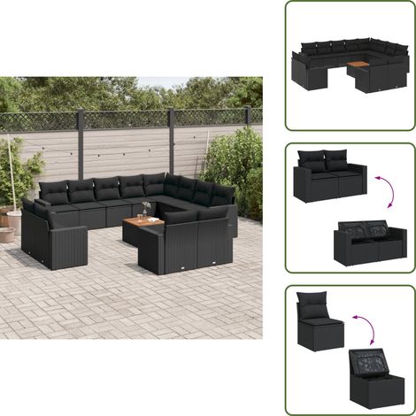 13-tlg. Garten-Sofagarnitur mit Kissen Schwarz Poly Rattan - Gartenmöbel Set - Esszimmergarnitur Outdoor - Lounge Möbel - Rattan Gartenset - Balkonmöbel (1/5)