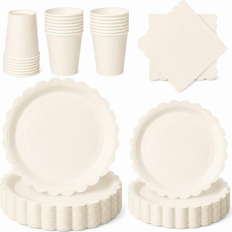 Série de couverts blancs crème，total 96 pièces : comprend des assiettes, des gobelets en papier et des serviettes, pouvant accueillir 24 invités. fêtes d'anniversaire, des banquets, etc. (1/5)