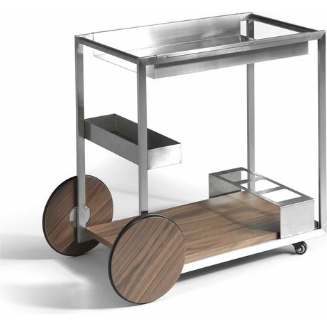 Chariot minibar acier chromé poli 2 plateaux amovibles et espace bouteilles - Noyer, acier inoxydable (1/4)