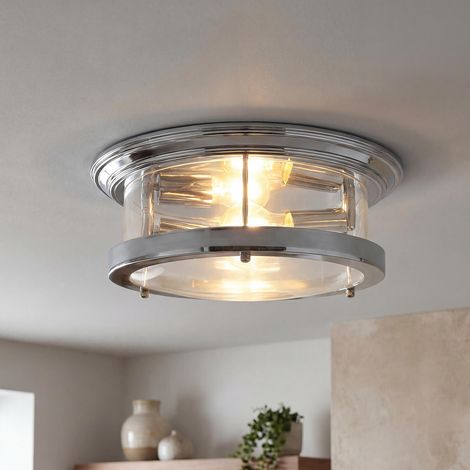 Deckenlampe Metall Glas E27 IP44 rund D: 35 cm Chrom 2-flammig Klassisch