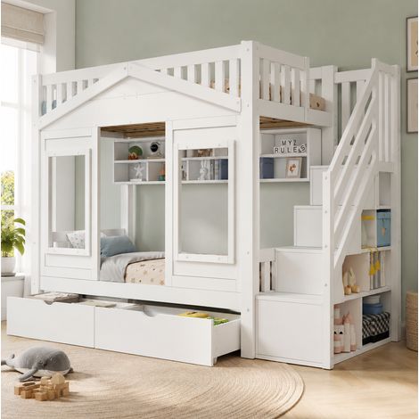 Letto a soppalco per bambini 90x200 cm con scaletta contenitore, cassetto, rete a doghe, legno bianco (1/5)