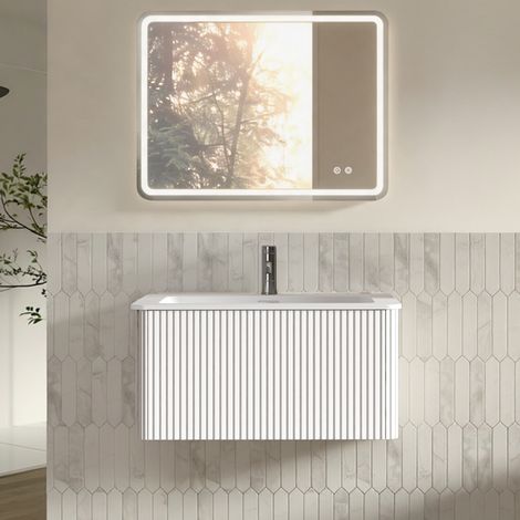 Mueble de baño 80 cm con lavabo integrado y espejo LED 60x80 cm, blanco DESVIAE (1/5)