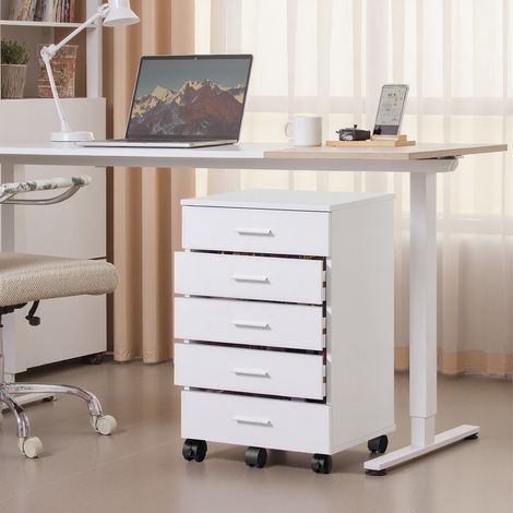 Caisson de Bureau à Roulettes, Support pour Imprimante, avec 5 Tiroirs, Rails Coulissants, Blanc (1/5)