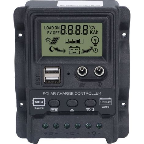 Contrôleur de Charge Solaire PWM Double USB avec Écran LCD ABS, Régulateur 12V/24V 10A pour Panneaux 130W-260W et Éclairage (1/5)