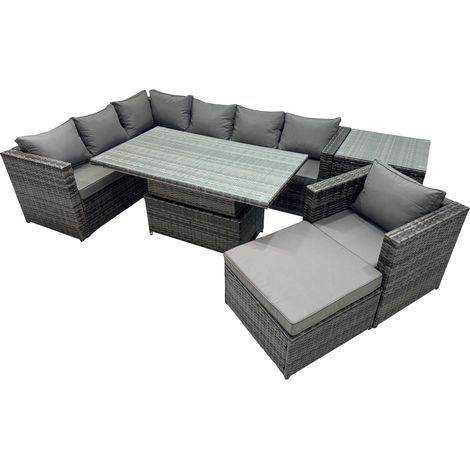 Fimous 8-seater Height Adjustable Rising Lifting Table Corner Sofa Set Rattan Garden Furniture Dining Set with Big Stool Side Table Dark Grey Mixed (1/5)