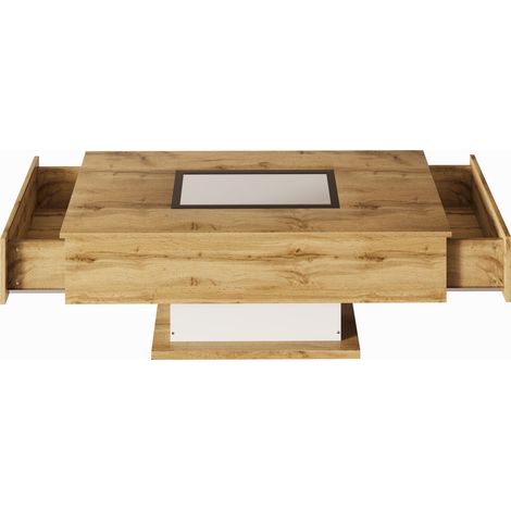 Table basse moderne en panneau de particules avec LED multicolore, verre et deux tiroirs, blanc et bois naturel (1/5)