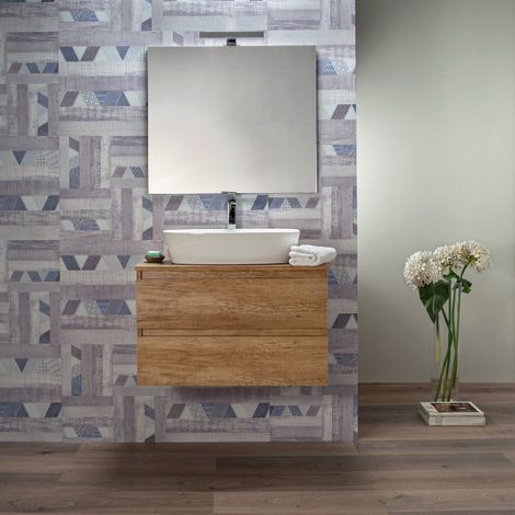 Mobile Bagno 100 cm Sospeso per Lavabo da Appoggio  Rovere Naturale 2 Cassetti