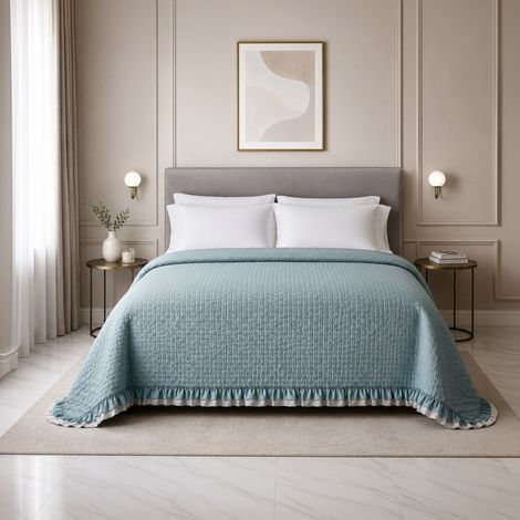Couvre-lit double matelassé avec microfibre bleu/gris poudre à volants 250x250 cm (1/4)