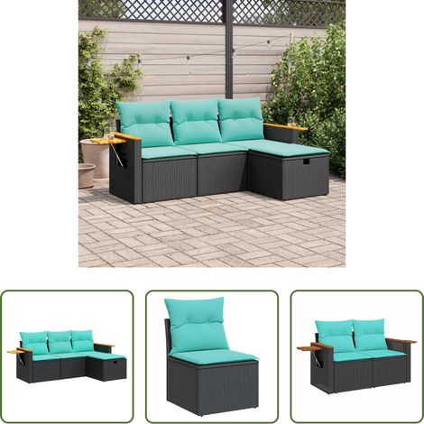 Canapé extérieur -  Salon de jardin 4 pcs avec coussins noir résine tressée (1/5)