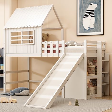 Lit mezzanine enfant 90x200 cm avec toboggan et rangements - Lit cabane en pin massif avec échelle (1/5)